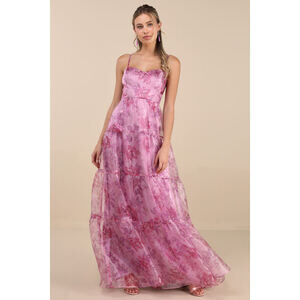 Lulus Exclusive Glamour Pink Floral Organza Tiered Maxi Dress - Size M